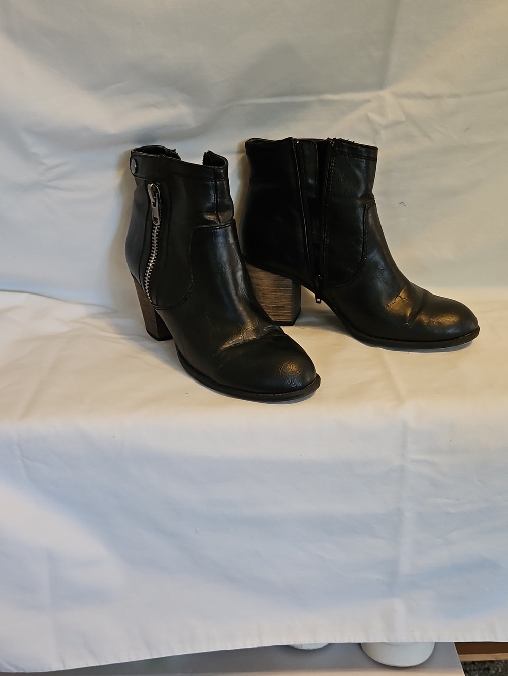 Women's Black Leather Ankle Booties with Side Zip and Stacked Heel